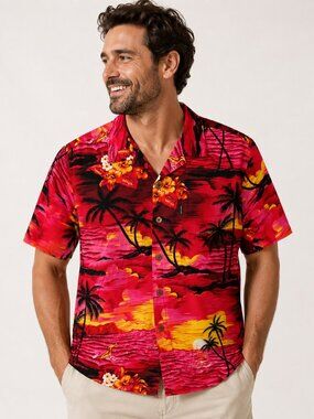 Palmwave Men’s M/L Hawaiian Shirt Red Sunset Palm Tree Surf Aloha